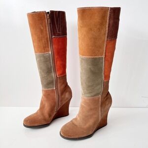 Vintage Y2K Patchwork Wedge Boots Knee High Size 7.5 Platform Faux Suede Boho